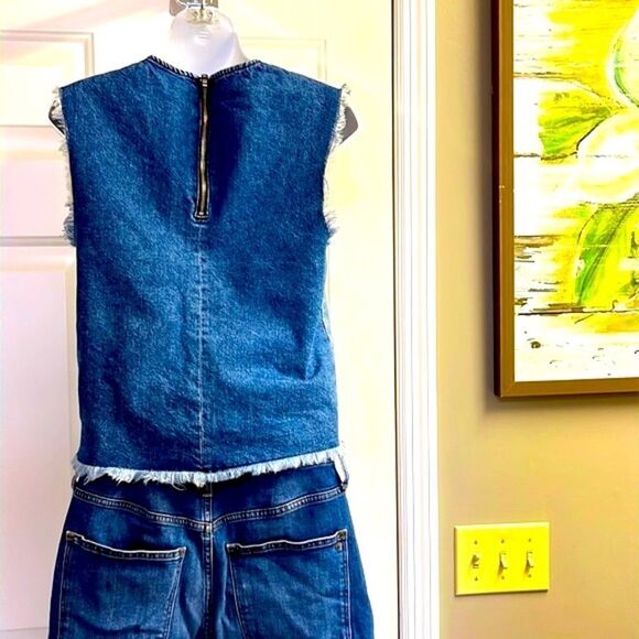 Topshop Distressed and Mixed Wash Jean Vest with Back Zipper- Size 2 - Picture 3 of 6